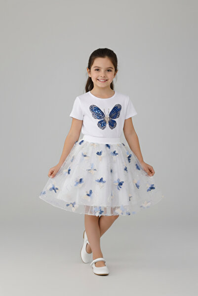 FATELLA Girl's Blue Sequin Butterfly Pattern T-Shirt Butterfly Pattern Skirt ...