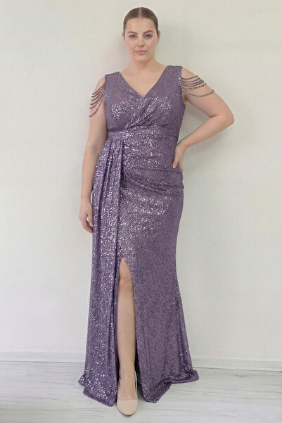 the ZKS Kadın Omuz Taş Detaylı Pul Payet Büyük Beden Abiye Elbise