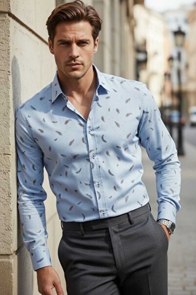 Louis Fabel Colorful Feather Patterned Long Sleeve Men's Shirt
