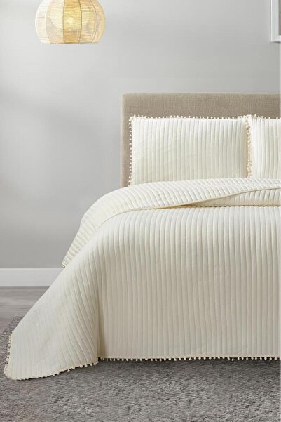 Çeyiz Diyarı Venedik Elyaf Dolgulu Tek Kişilik 180x240 Cm Yatak Örtüsü Krem