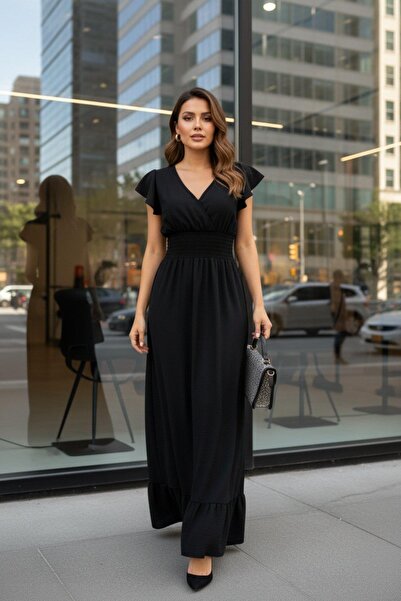 Mossta فستان أيروبين طويل بياقة مزدوجة - أسود