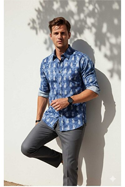 Louis Fabel Pineapple Patterned Long Sleeve Men's Shirt