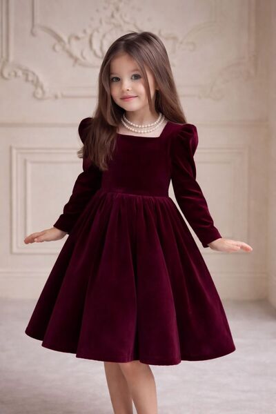 FKB FOR KIDS BABY Kız Çocuk Tasarım Bordo Kadife Elbise