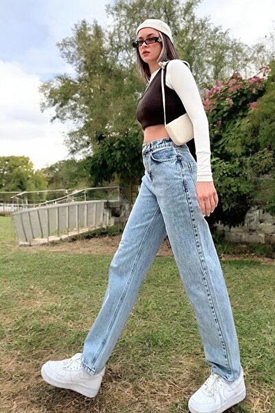 Livik Kaura Γυναικείο Μπλε Snow Wash Ψηλόμεσο Λύκρα Άνετο Φαρδύ Τζιν Παντελόνι