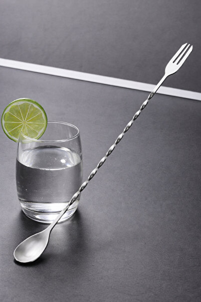 Binbirreyon ملعقة خلط الكوكتيل الملتويّة مع شوكة 32 سم من الفولاذ المقاوم للص...