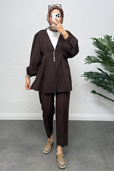 zhrcelebi V-Neck Pleated Detail Set 0077 - Brown
