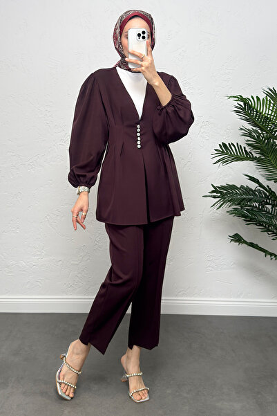 zhrcelebi V-Neck Pleated Detail Set 0077 - Bordo