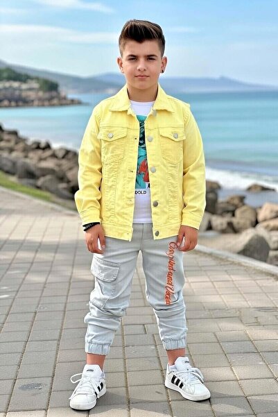 Riccotarz Boys' Digital Tiger Printed T-Shirt and Yellow Jean Jacket with Bac...