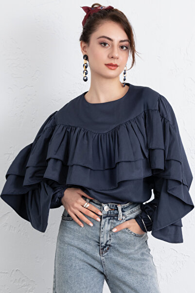 Salih Çelebi Volan Detail Blouse 0087 - Dark Blue