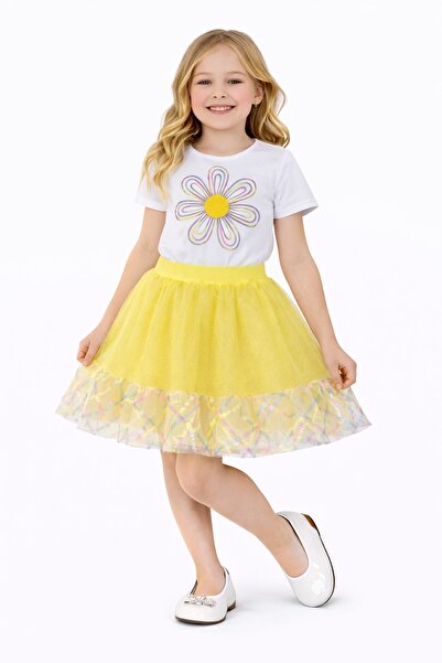 Nacar 23 Nisan 29 Ekim Gösteri Kıyafeti Kız Çocuk Sarı Çiçek Desenli Tül Etek...