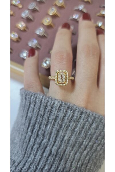 GUNESTAKI Premium Gold Taşlı Kare Tek Baget Yüzük Numarasız Ayarlanabilir, Ku...