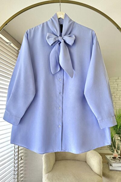 HİFADEN Women's Oversized Hijab Shirt with Lace-Up Collar and Bow