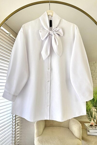 HİFADEN Women's Oversized Hijab Shirt with Lace-Up Collar and Bow