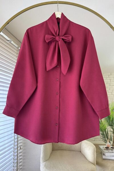 HİFADEN Women's Oversized Hijab Shirt with Lace-Up Collar and Bow