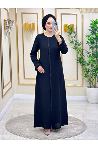 ENDAMLI Plise ve Taş Detaylı Ferace 2135 Siyah