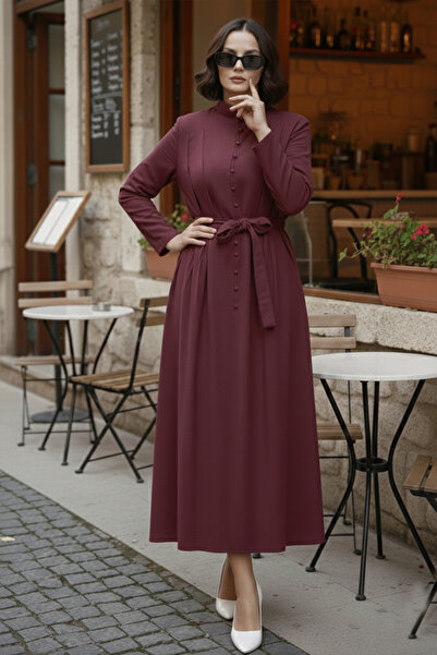 benguen Buttoned Hijab Dress N7204 Burgundy