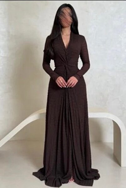 Cutie A long, woven evening dress with front knot details and a rich brown co...