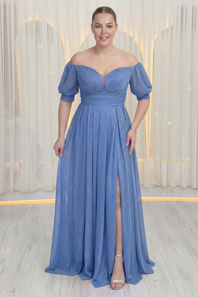 the ZKS Kadın Düşük Omuz Drapeli Abiye Elbise Beyaz, İndigo, Lacivert, Lila, ...