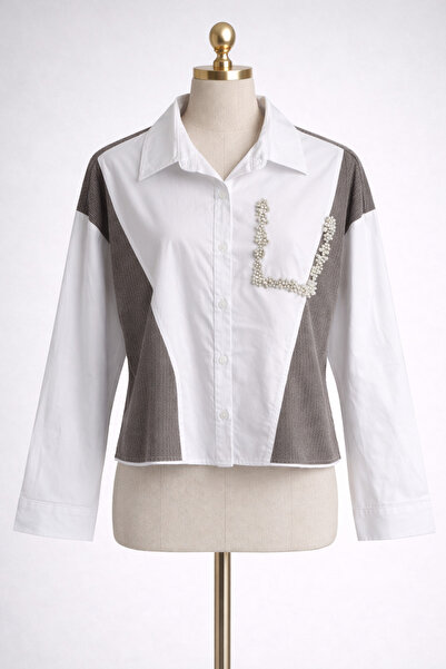 Kureyzibies Women's Garnished Stoned Pocket Detailed Casual Shirt Oversize