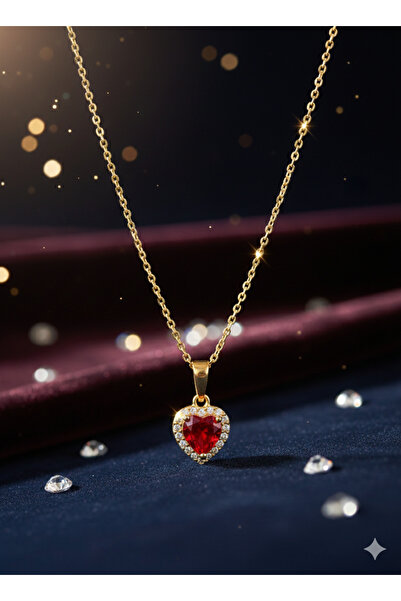 Tasarım Kırmızı taşlı kalpli kolye