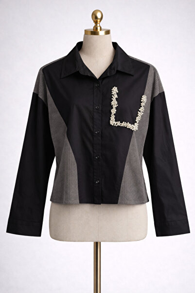 Kureyzibies Women's Garnished Stoned Pocket Detailed Casual Shirt Oversize