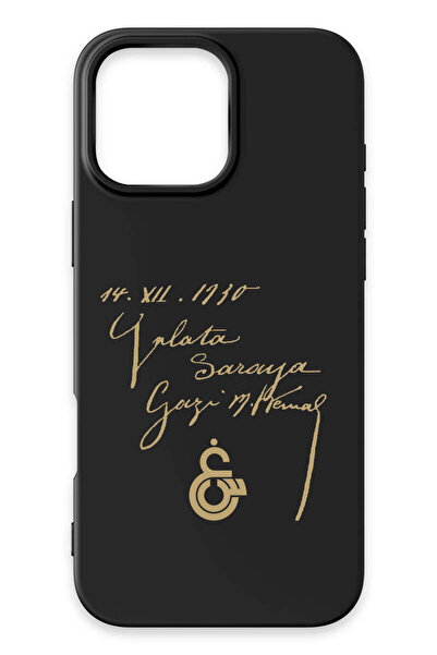 Galatasaray iPhone 16 Pro Max Uyumlu Atatürk İmza Siyah Silikon Lisanslı Tele...
