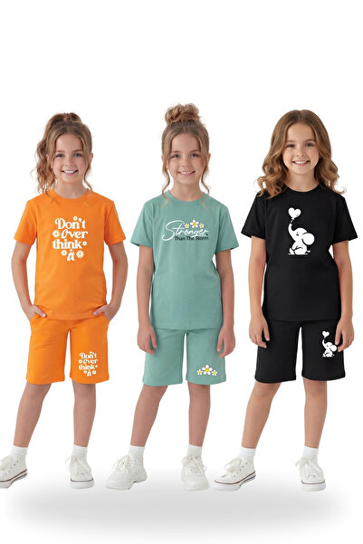 FYK COLLECTİON Комплект от 3 блузки + 3 къси панталона за момичета - 6 броя