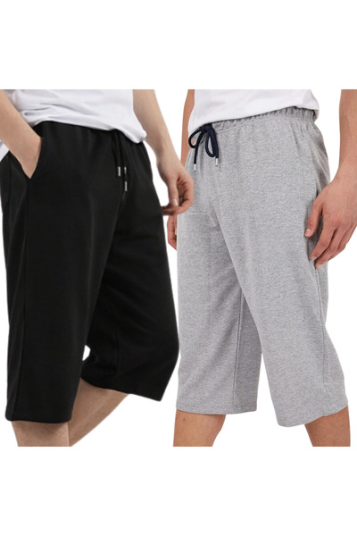 Relax family xf Erkek Siyah Gri 2'li Set Uzun Penye Şort & Bermuda Kapri Yazl...