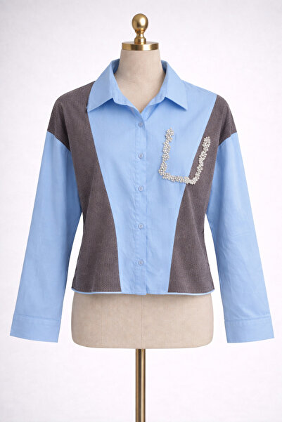 Kureyzibies Women's Garnished Stoned Pocket Detailed Casual Shirt Oversize