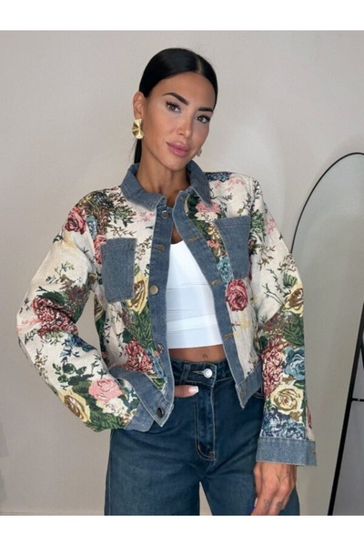 ADAMODA.RO Jacket with floral print and denim inserts