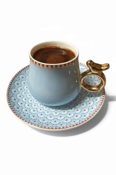 ALBETTO 6-Person Blue Bird Detailed Luxury Turkish Coffee Cup - 90 ml