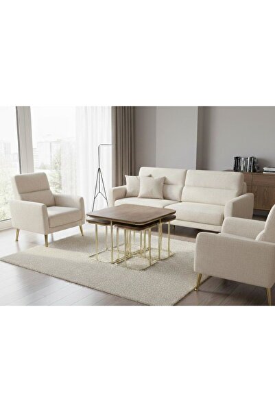 Home 5'li Oval Kenar İç İçe 4 1 Ceviz Rengi Gold Metal Ayaklı Orta Sehpa