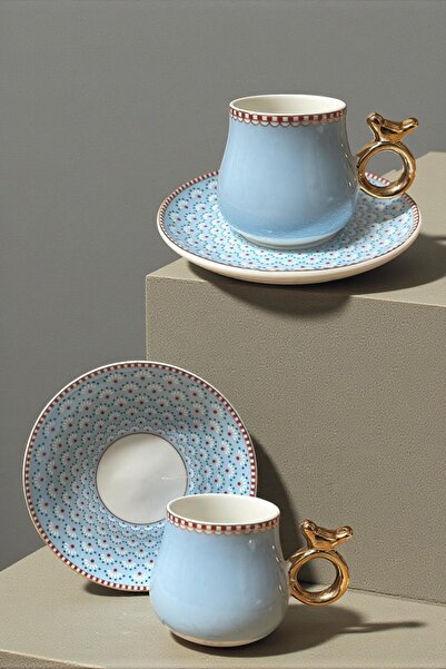 ALBETTO 6 Kişilik Mavi Kuş Detaylı Lüks Türk Kahvesi Fincanı - 90 ml