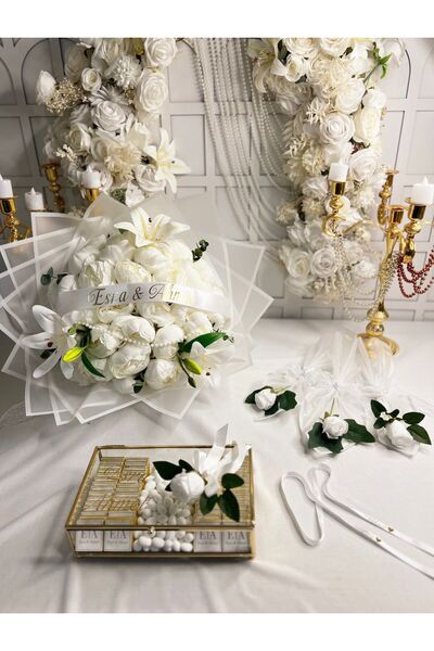 m ticaret Lilyum & Şakayık Kız İsteme Buketi 60lı Cam Kutuda Nişan Çikolatası...