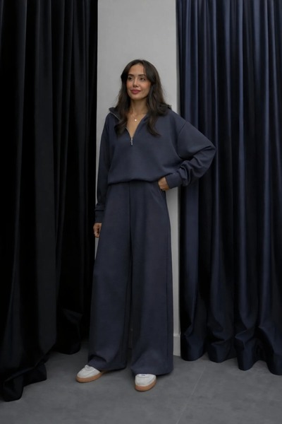 BARLİZ Women's Half Zipper High Waist Wide Leg Top and Bottom Set