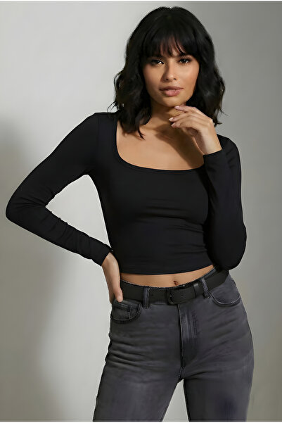 Kurun's Collection Μαλακή υφασμάτινη μπλούζα με οβάλ λαιμόκοψη και μακριά μαν...