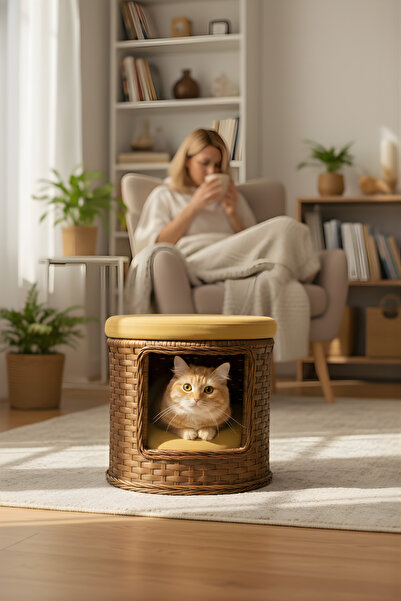 NAVRUZ METAL Premium Rattan Kedi Evi & Puf Kedi Yatağı