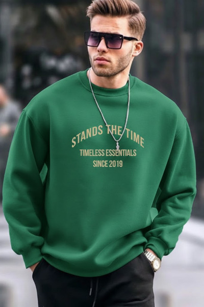 COMBİNE MİCHAİL Ανδρικό φούτερ με στάμπα Time, σε άνετο πράσινο χρώμα