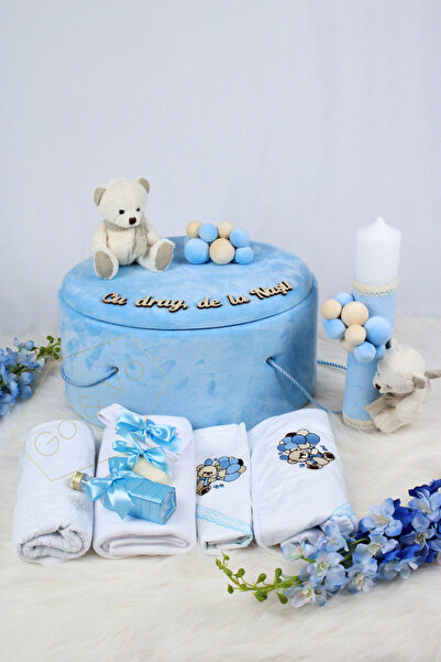 GoVo Kids Set complet trusou botez Premium cu lumanare, Ursulet, Catifea – Tr...