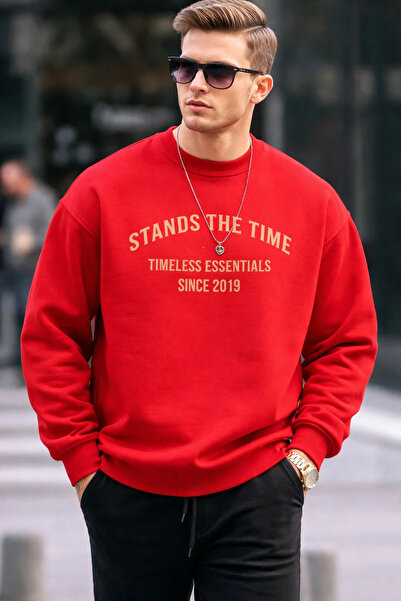 COMBİNE MİCHAİL سويت شيرت رجالي باللون الأحمر مريح بطباعة تايم