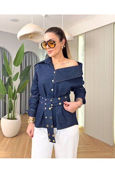 cottonage Asymmetrical Collar Belt Detailed Women's Shirt
