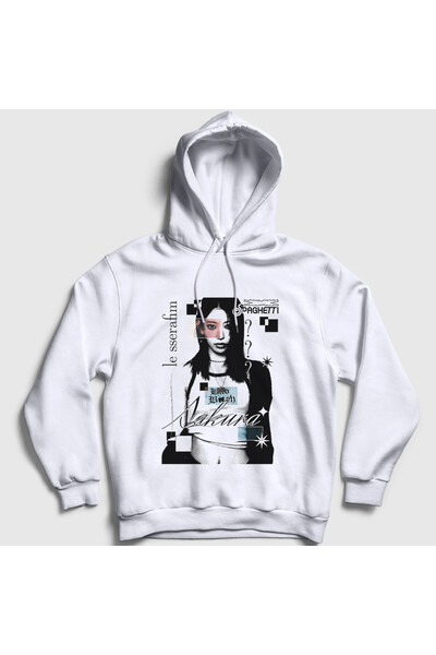 Presmono Unisex White Sakura Spaghetti Le Sserafim Hooded Sweatshirt 599047Tt