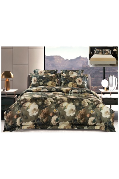 Truva Home Bed Linen with Elastic for Two People - 6 Pieces, Floral Pattern, ...