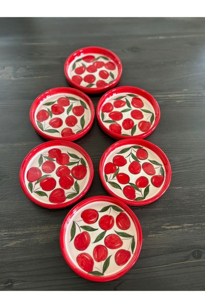 Ayosse Handmade Cherry Patterned 6-Piece 12 cm Rectangular Snack Plate Presentation Plate Breakfast Plate