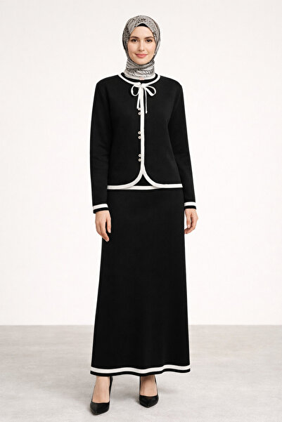 Kirazgym Striped Buttoned Skirted Knitwear Set - Black