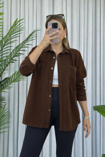 Kubos Moda Loose Fit Dark Brown Gabardine Shirt Jacket