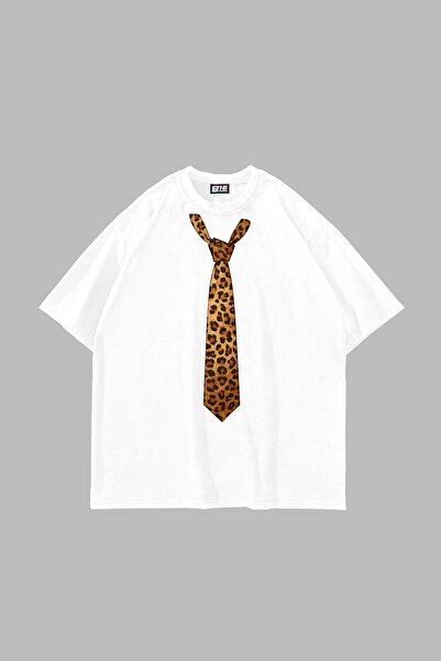 Sekizbiraltı Tie Leopard Printed Oversize Unisex White Tshirt