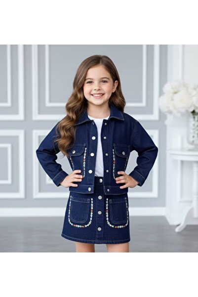 Elidabutik Set din denim cu broderie pe buzunar și fustă din 3 piese