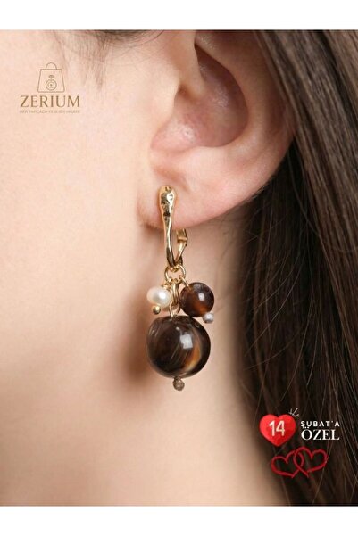 ZERİUM Vip Dark Amber Stone Steel Women's Stud Earrings