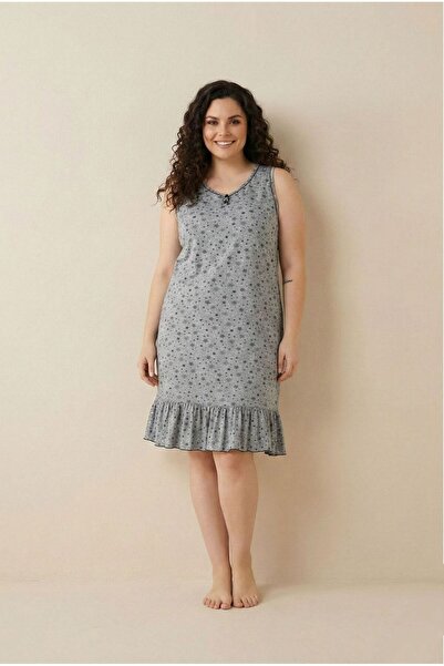 Flamingo Gri Desenli Fırfırlı Pamuklu Rahat Kalıp Sıfır Kol Kadın Elbise & Ev...